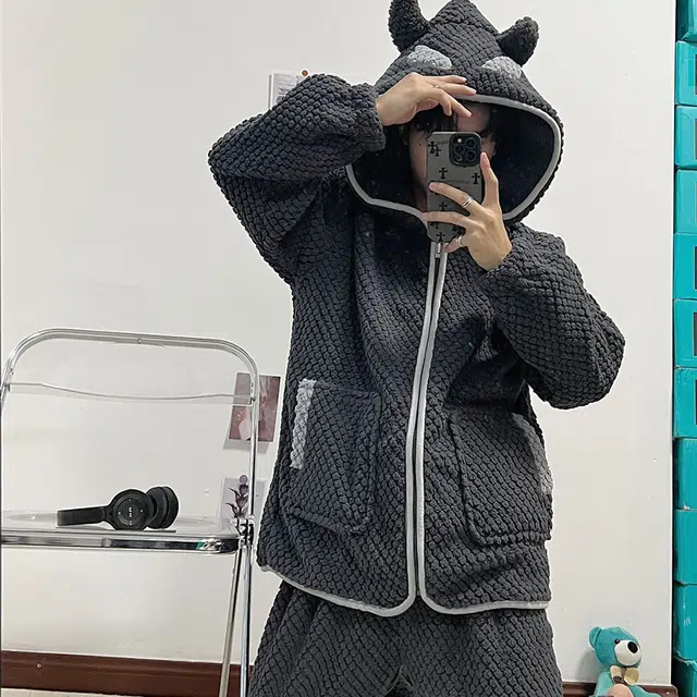 可人儿 小恶魔华夫格 珊瑚绒睡衣睡裤 加绒加厚 卡通连帽拉链款简约可外穿 家居套装 冬季 男款 深灰色