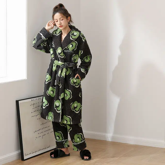可人儿 云朵绒睡袍 加绒加厚  翻领小清新甜美可外穿睡衣睡裤家居套装 秋冬季 女款黑色