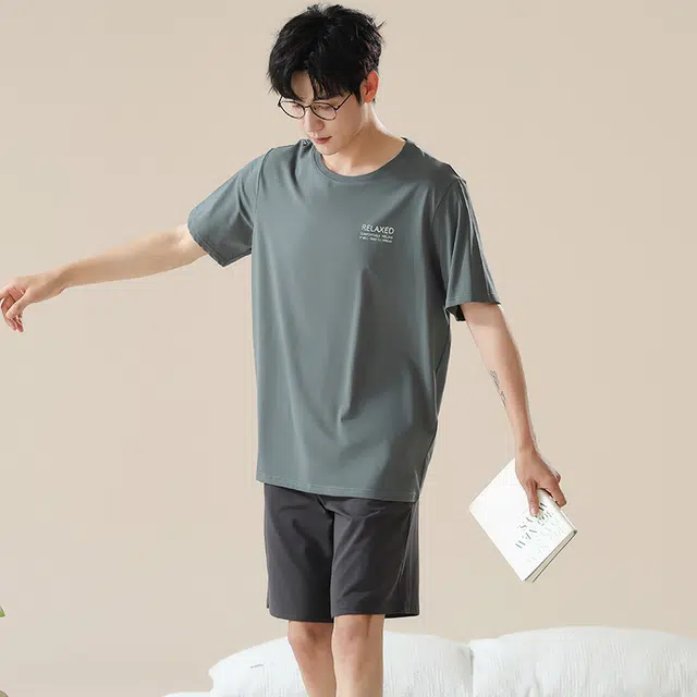 可人儿 字母圆领套头简约休闲短袖短裤睡衣套装 男款 灰蓝色