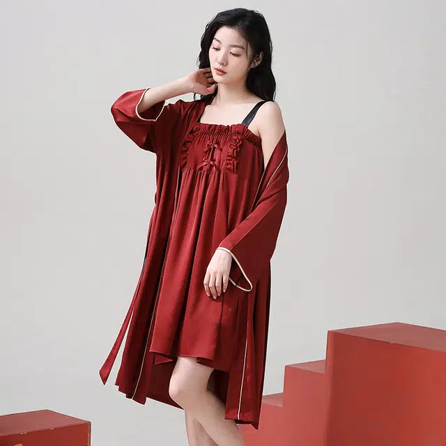 可人儿 高级简约吊带裙外套上衣睡裙 女款 红色