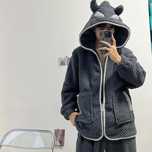 可人儿 小恶魔华夫格 珊瑚绒睡衣睡裤 加绒加厚 卡通连帽拉链款简约可外穿 家居套装 冬季 男款 深灰色