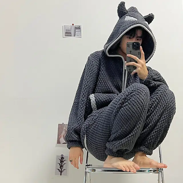 可人儿 小恶魔华夫格 珊瑚绒睡衣睡裤 加绒加厚 卡通连帽拉链款简约可外穿 家居套装 冬季 男款 深灰色