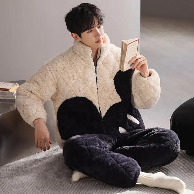 可人儿 珊瑚绒三层夹棉睡衣睡裤 加绒加厚保暖 卡通简约可外穿家居套装 秋冬季男款米色