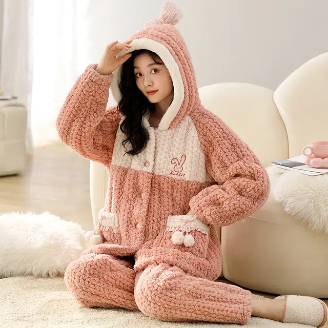 可人儿 珊瑚绒三层夹棉睡衣睡裤 加绒加厚保暖 卡通小兔子连帽 甜美简约可外穿 家居套装 秋冬季 女款橘粉色