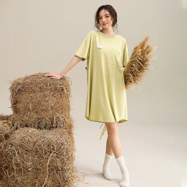 可人儿 学生甜美卡通兔子圆领套头凉感中长款短袖夏天睡裙 女款 黄色