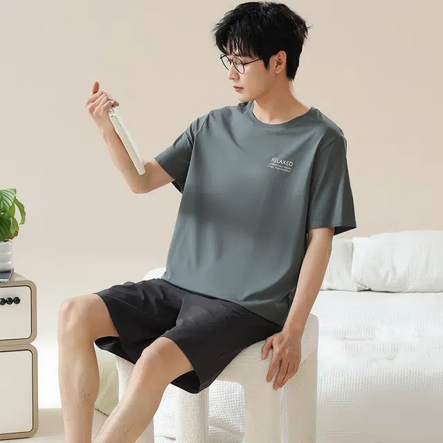 可人儿 字母圆领套头简约休闲短袖短裤睡衣套装 男款 灰蓝色