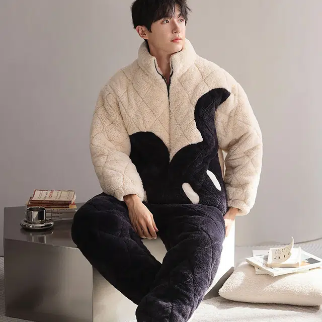 可人儿 珊瑚绒三层夹棉睡衣睡裤 加绒加厚保暖 卡通简约可外穿家居套装 秋冬季男款米色