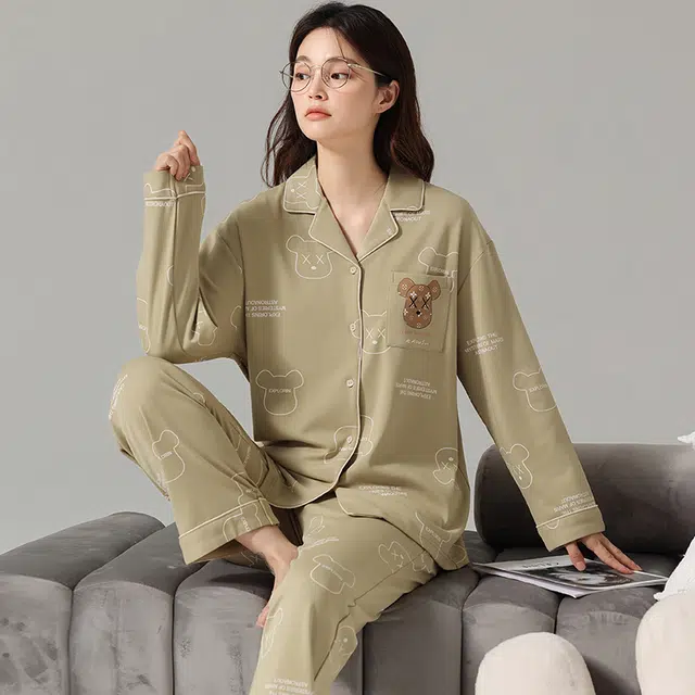 可人儿 简约可外穿卡通翻领长袖上衣松紧腰长裤睡衣套装 女款 绿色