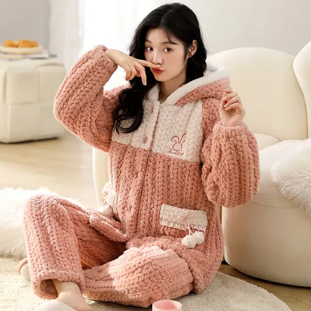 可人儿 珊瑚绒三层夹棉睡衣睡裤 加绒加厚保暖 卡通小兔子连帽 甜美简约可外穿 家居套装 秋冬季 女款橘粉色