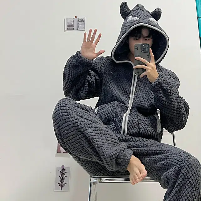 可人儿 小恶魔华夫格 珊瑚绒睡衣睡裤 加绒加厚 卡通连帽拉链款简约可外穿 家居套装 冬季 男款 深灰色