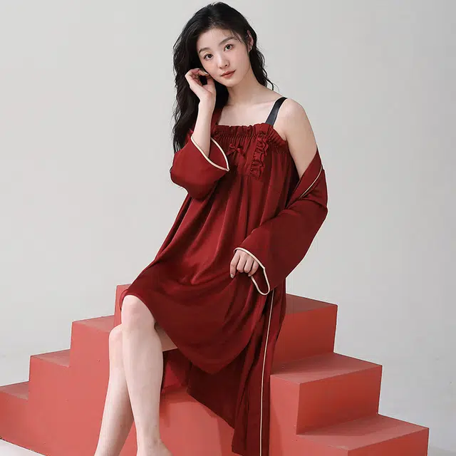 可人儿 高级简约吊带裙外套上衣睡裙 女款 红色