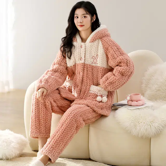 可人儿 珊瑚绒三层夹棉睡衣睡裤 加绒加厚保暖 卡通小兔子连帽 甜美简约可外穿 家居套装 秋冬季 女款橘粉色