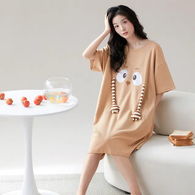 可人儿 卡通小熊圆领套头纯棉短袖睡裙 女款 卡其色