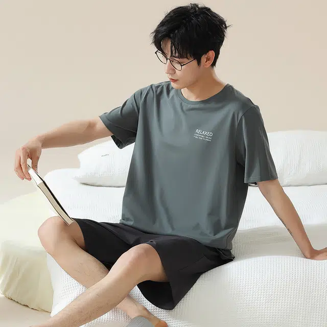 可人儿 字母圆领套头简约休闲短袖短裤睡衣套装 男款 灰蓝色