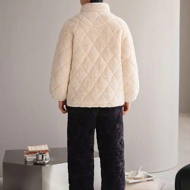 可人儿 珊瑚绒三层夹棉睡衣睡裤 加绒加厚保暖 卡通简约可外穿家居套装 秋冬季男款米色