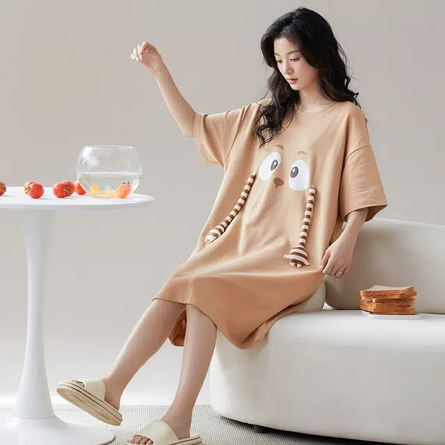 可人儿 卡通小熊圆领套头纯棉短袖睡裙 女款 卡其色