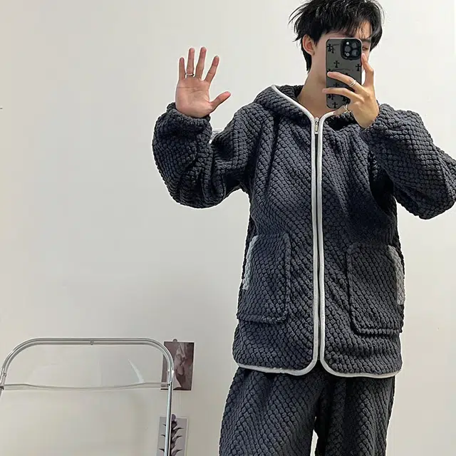 可人儿 小恶魔华夫格 珊瑚绒睡衣睡裤 加绒加厚 卡通连帽拉链款简约可外穿 家居套装 冬季 男款 深灰色