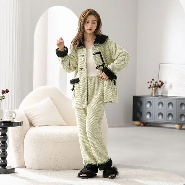 可人儿 珊瑚绒新中式睡衣睡裤 加绒加厚保暖 甜美郁金香简约可外穿家居套装 秋冬季女款嫩绿色