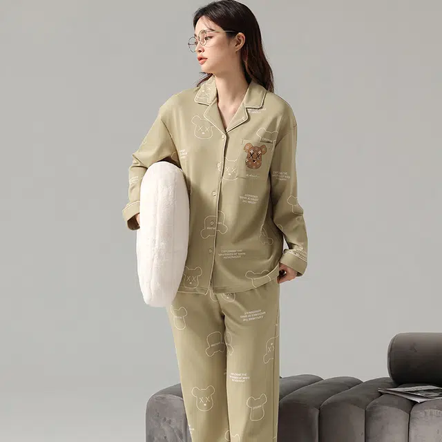 可人儿 简约可外穿卡通翻领长袖上衣松紧腰长裤睡衣套装 女款 绿色