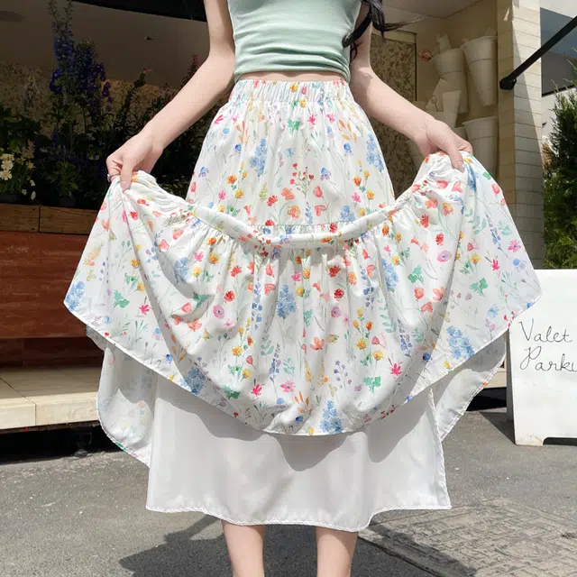 轻迎 法式甜美七色花蛋糕裙女夏季高腰遮肉碎花半身裙冰丝中休闲长裙 女款
