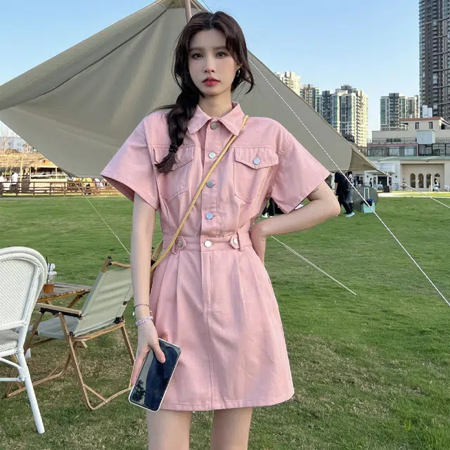 轻迎 前后口袋拉链设计短袖连衣裙 女款