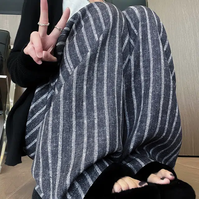 轻迎 竖条纹阔腿裤慵懒风拖地垂感直筒裤子休闲裤 女款