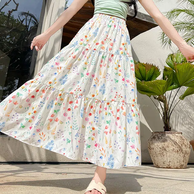 轻迎 法式甜美七色花蛋糕裙女夏季高腰遮肉碎花半身裙冰丝中休闲长裙 女款