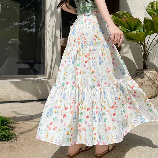 轻迎 法式甜美七色花蛋糕裙女夏季高腰遮肉碎花半身裙冰丝中休闲长裙 女款