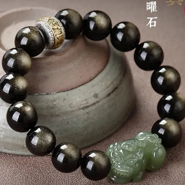亮晶缘 【招财纳福】有钱花 新中式国潮招财貔貅平安守护 小众文玩盘玩佛珠把件复古高级感转运珠 黑曜石 手串 男女同款情侣款