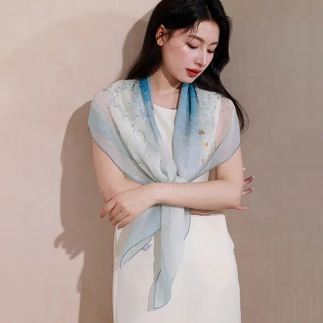 杭丝路 防晒披肩外搭 桑蚕丝 丝巾 女款 蓝色