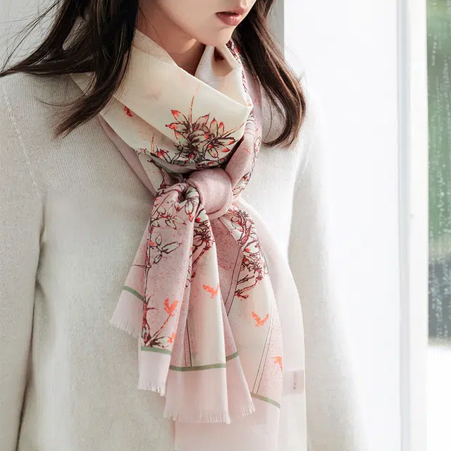 杭丝路 植物花卉百搭日常简约围脖保暖披肩 绵羊毛 绒线围巾 女款