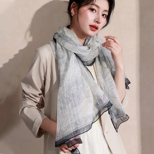 杭丝路 真丝大披肩外搭薄款防晒围巾纱巾水墨 桑蚕丝 丝巾 女款 灰色
