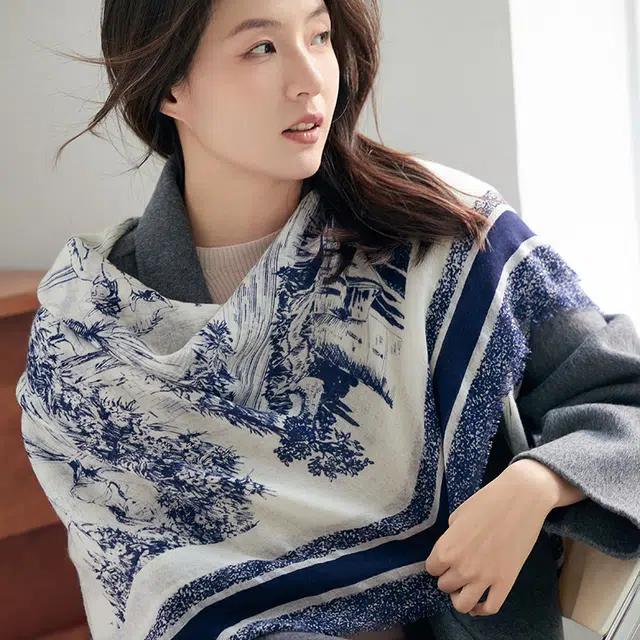 杭丝路 水墨画设计图案简约日常保暖百搭 绵羊毛 绒线围巾 女款