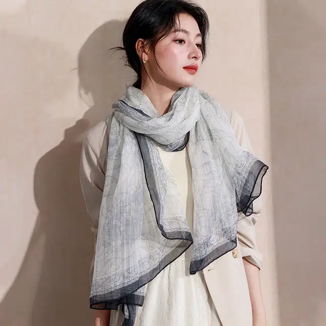 杭丝路 真丝大披肩外搭薄款防晒围巾纱巾水墨 桑蚕丝 丝巾 女款 灰色