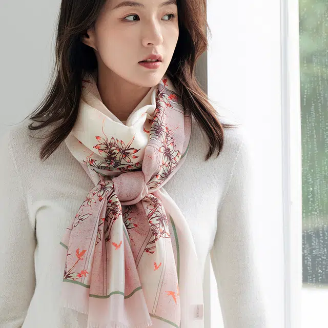 杭丝路 植物花卉百搭日常简约围脖保暖披肩 绵羊毛 绒线围巾 女款