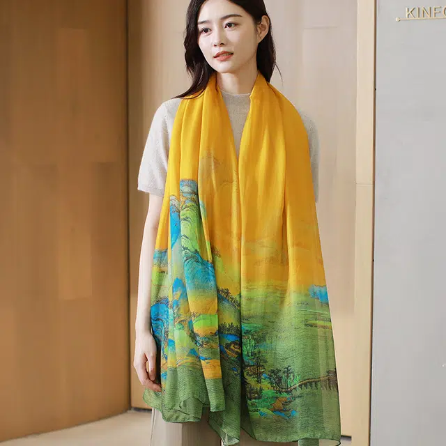 杭丝路 超大披肩长纱巾防晒薄款 桑蚕丝 丝巾 女款 黄色