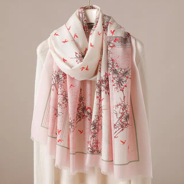 杭丝路 植物花卉百搭日常简约围脖保暖披肩 绵羊毛 绒线围巾 女款