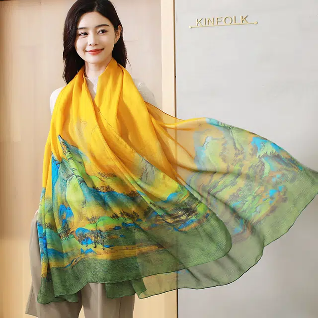 杭丝路 超大披肩长纱巾防晒薄款 桑蚕丝 丝巾 女款 黄色