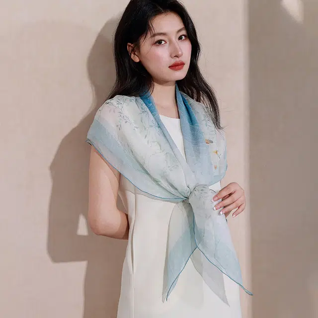 杭丝路 防晒披肩外搭 桑蚕丝 丝巾 女款 蓝色