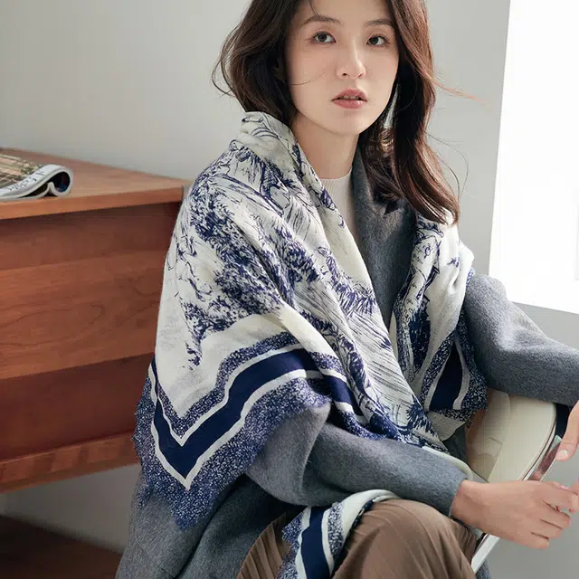 杭丝路 水墨画设计图案简约日常保暖百搭 绵羊毛 绒线围巾 女款