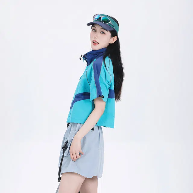 吉业重工 山系户外拼色立领拉链宽松短袖截短外套 女款