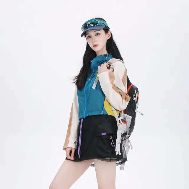 吉业重工 户外透气可收腰短款连帽马甲 女款