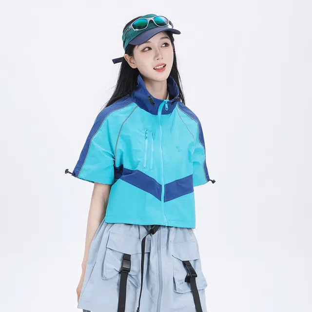 吉业重工 山系户外拼色立领拉链宽松短袖截短外套 女款