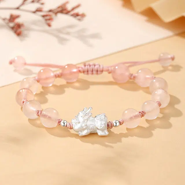 九乐 中国风貔貅宝宝手绳桃花运来女款手工串珠天然 粉水晶 手串 男女同款情侣款