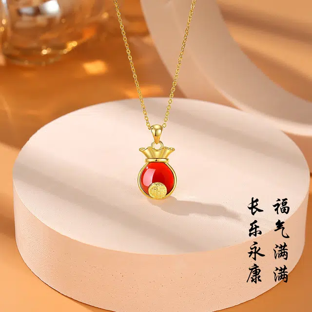【招财纳福】 九乐 新中式国风福字福袋简约百搭高级感锁骨链吉祥如意八方来财#好运 玛瑙 项链 女款