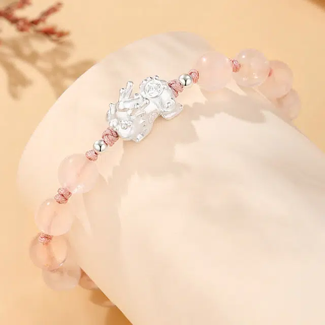 九乐 中国风貔貅宝宝手绳桃花运来女款手工串珠天然 粉水晶 手串 男女同款情侣款