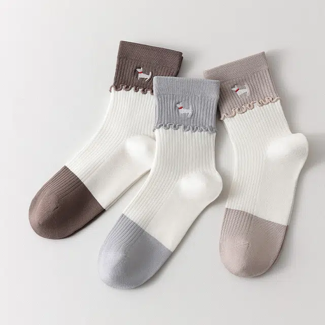 袜矩阵 春夏款刺绣木耳边立体卡通可爱无骨棉袜中筒袜 女款