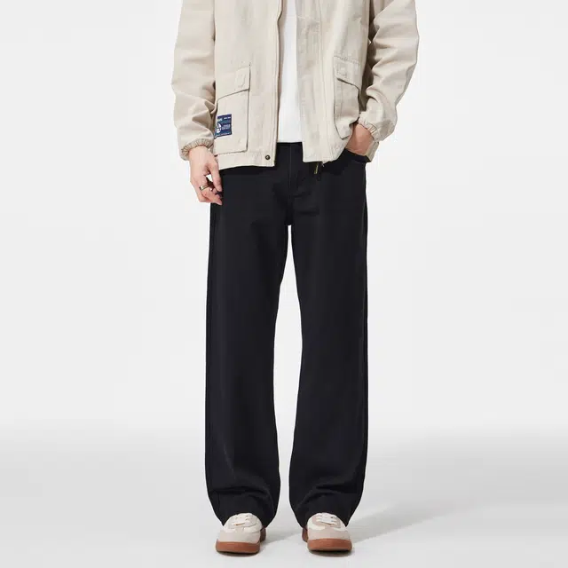 黑恐龙 美式高街潮流纯色中腰简约直筒垂感时尚百搭舒适宽松无性别主义户外休闲日常通勤长裤牛仔裤 男女同款