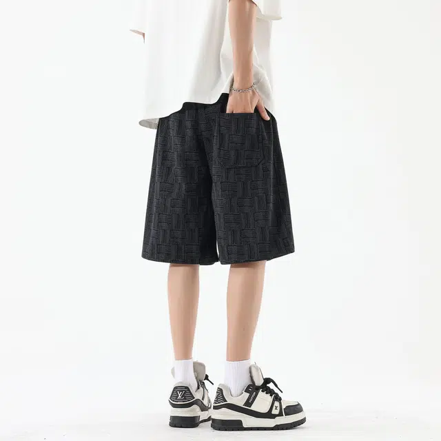 黑恐龙 美式个性潮流时尚不规则方块条纹凉感宽松直筒透气沙滩裤高街学生百搭通勤运动五分休闲短裤 男女同款