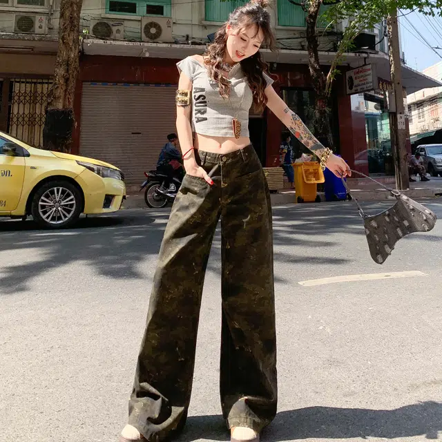 黑恐龙 美式潮牌复古松弛感宽松直筒百搭垂感迷彩时尚舒适个性休闲牛仔裤 男女同款